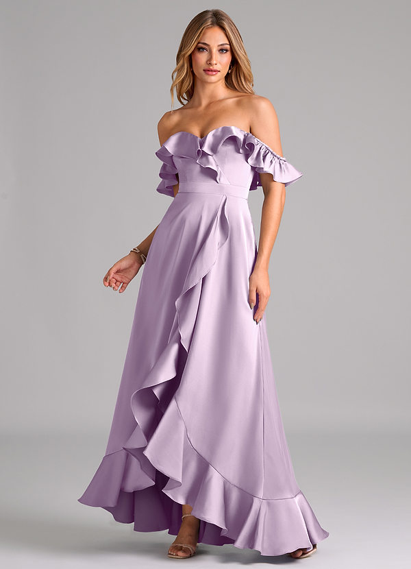 Azazie Lyra Bruidsmeisjes Jurken Converteerbaar Jurk van Stretch Satijn met A-Lijn Off the Shoulder Frosted Lila image1