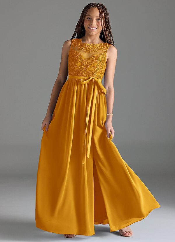 Azazie Elly Junior Butterscotch A-Line Lace Chiffon Dress image1