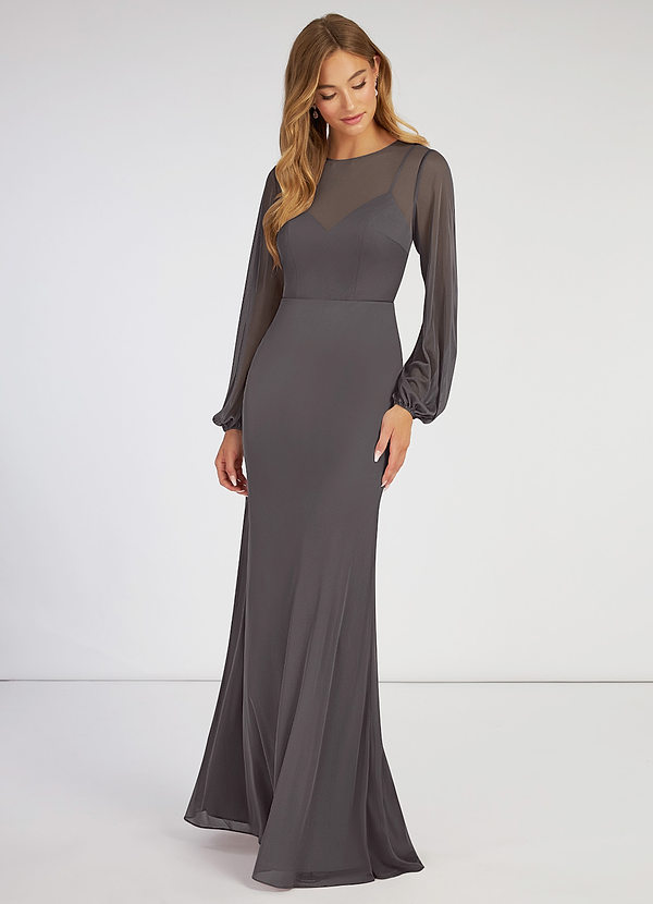 Azazie Denali Bridesmaid Dresses Steel Grey Sheath Bow Mesh Dress image1