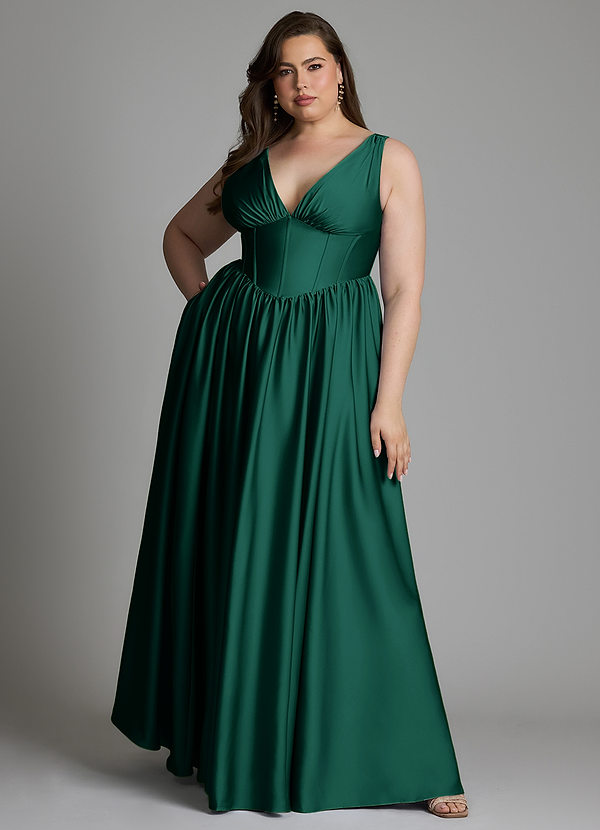 Azazie Delmie Bridesmaid Dresses Emerald A-Line Corset Stretch Satin Dress image1