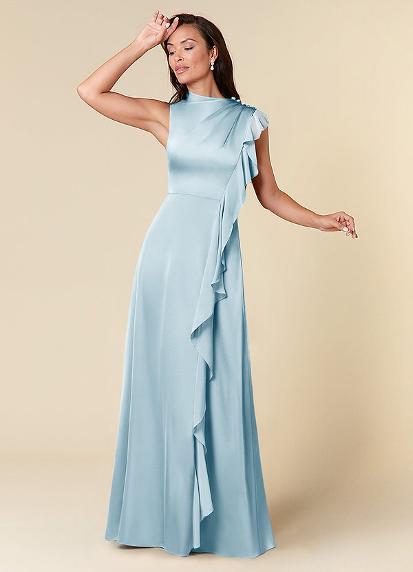 Azazie Narine Vestidos de Madre de la Novia Vestido de Azul Cielo de Satén Elástico de Corte En A con Escote alto plisado image1