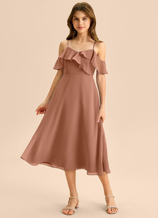 Azazie Kamilla Junior Abito A-Line in Chiffon a Spalla Scoperta Bronzo image1