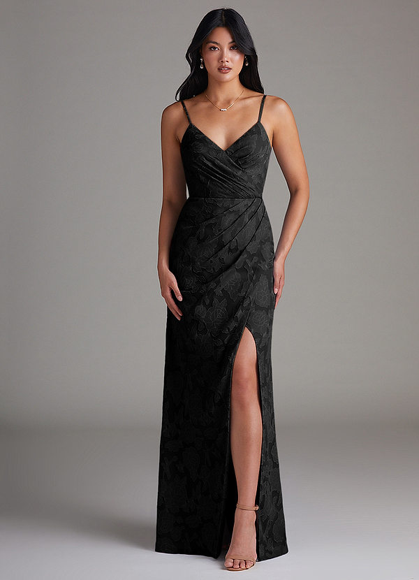 Azazie Maci Bridesmaid Dresses Black Sheath Pleated Floral Burnout Dress image1