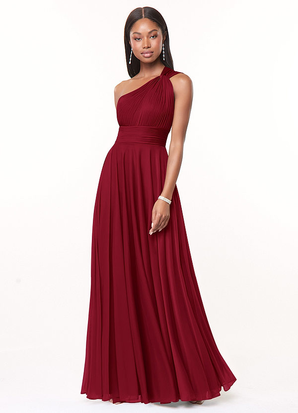 Azazie Charlize Bridesmaid Dresses Burgundy A-Line One Shoulder Mesh Dress image1