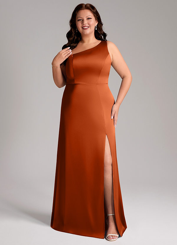Azazie Phaedra Bridesmaid Dresses Burnt Orange A-Line One Shoulder Stretch Satin Dress image1