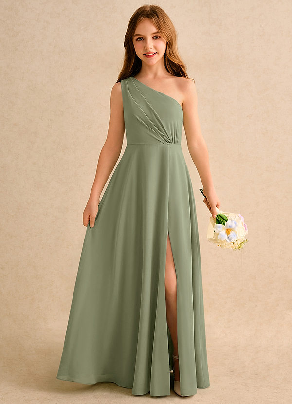 Azazie Puddles Girls Formal Robes de Fillette d'Honneur Robe Trapèze en Mousseline de soie Une épaule Pistache image1