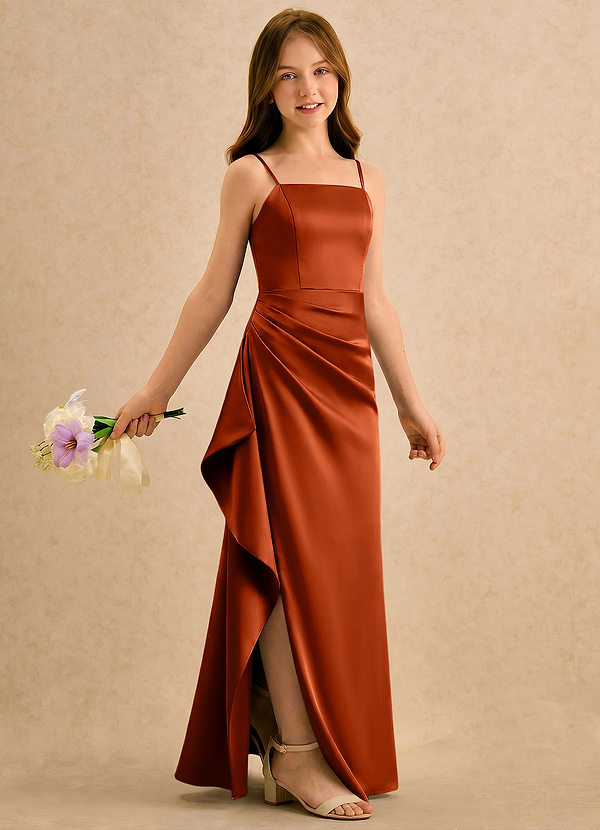 Azazie Cannoli Girls Formal Sukienki dla dziewczynek sypiących kwiaty Linia A Pofałdowany Satyna elastyczna Długość podłogi Sukienka image1