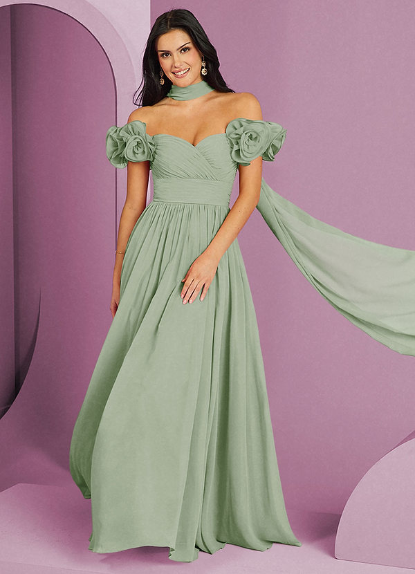 Barbie ♥ Azazie Abiti da Damigella Abito Convertibile A-Line in Chiffon a Spalla Scoperta Verde Salvia image1