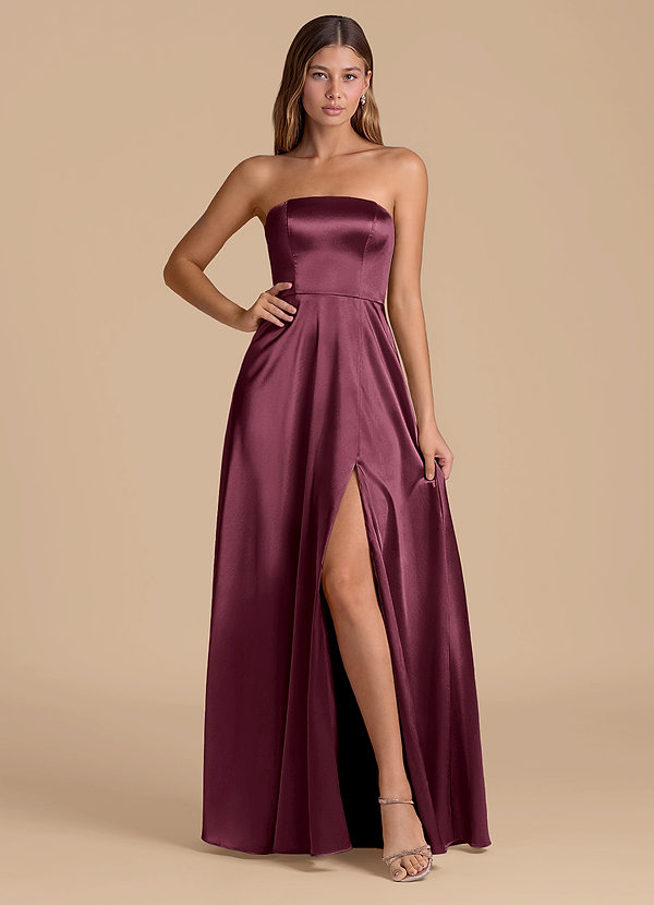 Azazie Wren Bruidsmeisjes Jurken Jurk van Metaalachtig Satijn met A-Lijn Strapless Cabernet image1