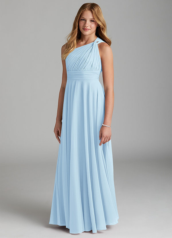 Azazie Charlize Junior Sky Blue A-Line Mesh Dress image1