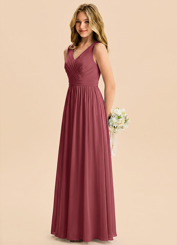 Azazie Kora Junior Vestido Merlot de Gasa de Corte en A con Plisado image1