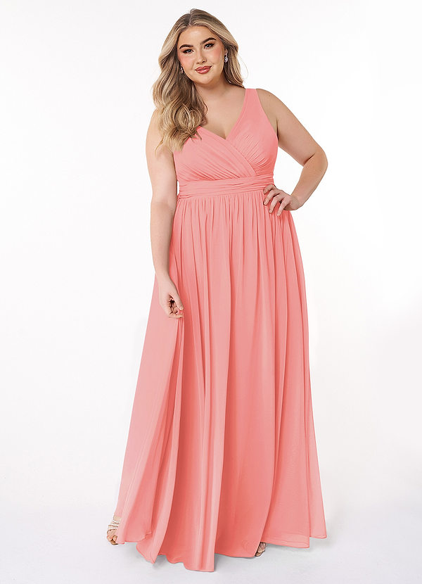 Azazie Kora Bridesmaid Dresses Coral A-Line Pleated Chiffon Dress image1