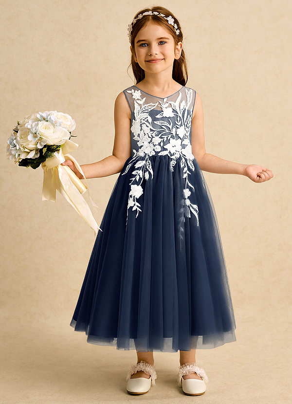 Azazie Sundae Robes de Fillette d'Honneur Robe Princesse en Dentelle Bleu Marine Foncé image1