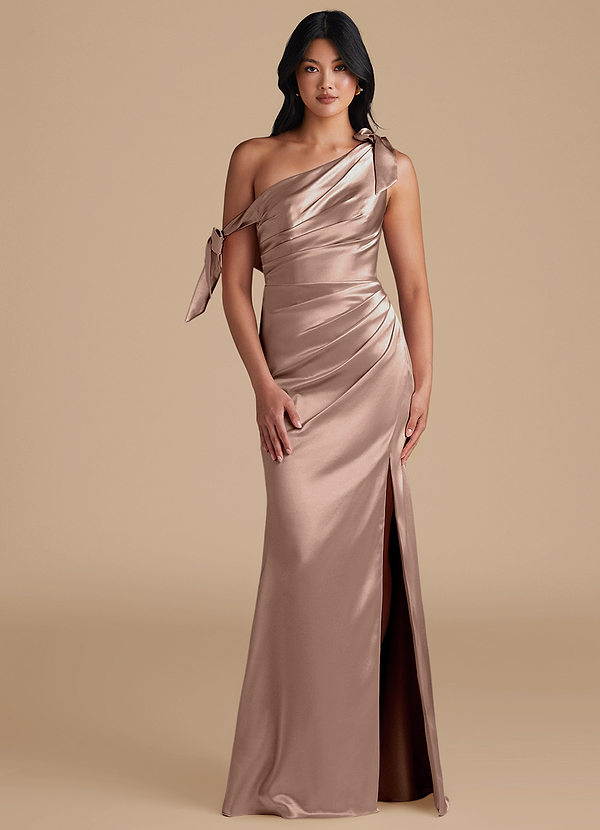 Azazie Xyla Bridesmaid Dresses Taupe Sheath Off the Shoulder Metallic Satin Convertible Dress image1