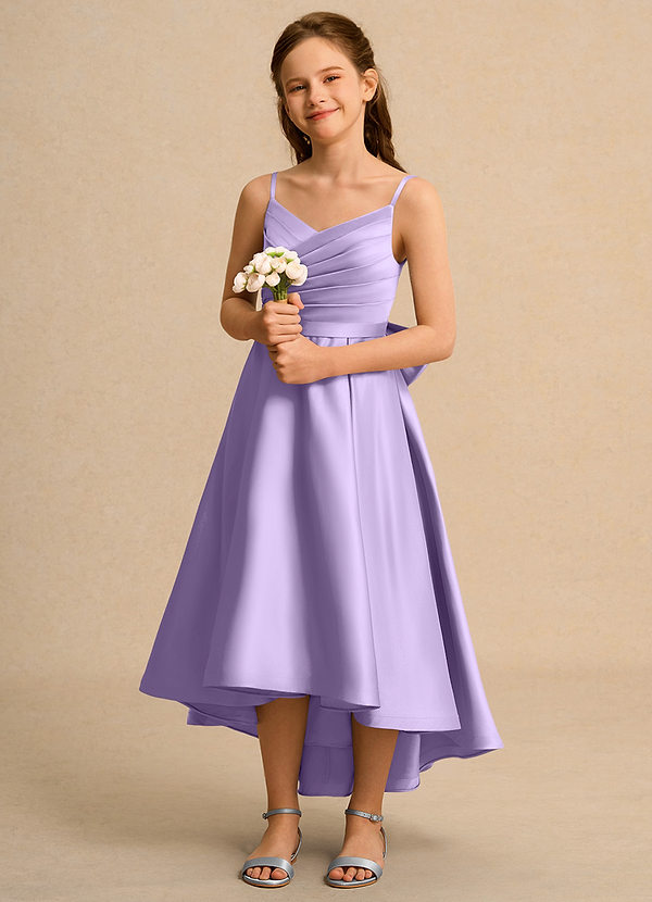 Azazie Sweets Junior Formal Flower Girl Dresses Lilac A-Line Pleated Matte Satin Dress image1
