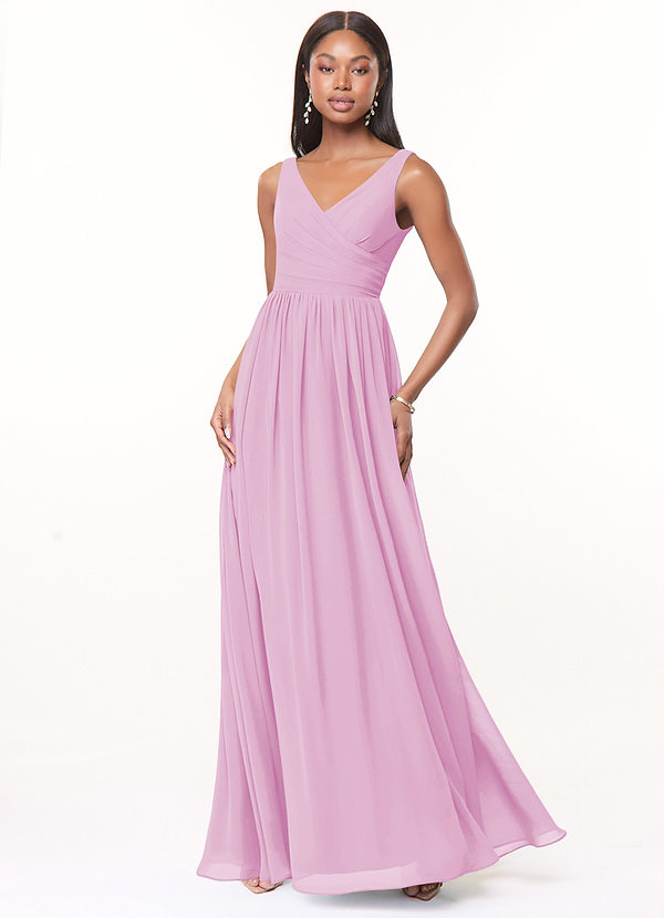 Azazie Keyla Bridesmaid Dresses Candy Pink A-Line V-Neck Pleated Chiffon Dress image1