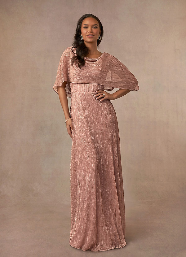 Azazie Loretta Mother of the Brides Dresses Rose Gold A-Line Cowl Cape Metallic Mesh Dress image1