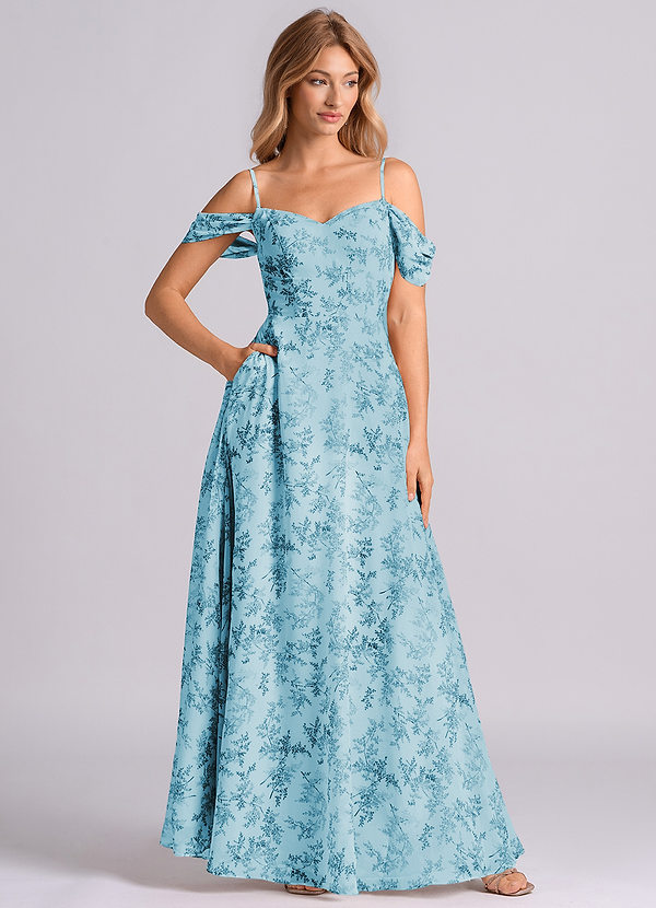 Azazie Marley Bridesmaid Dresses Blue Fern Floral A-Line Off the Shoulder Chiffon Convertible Dress image1