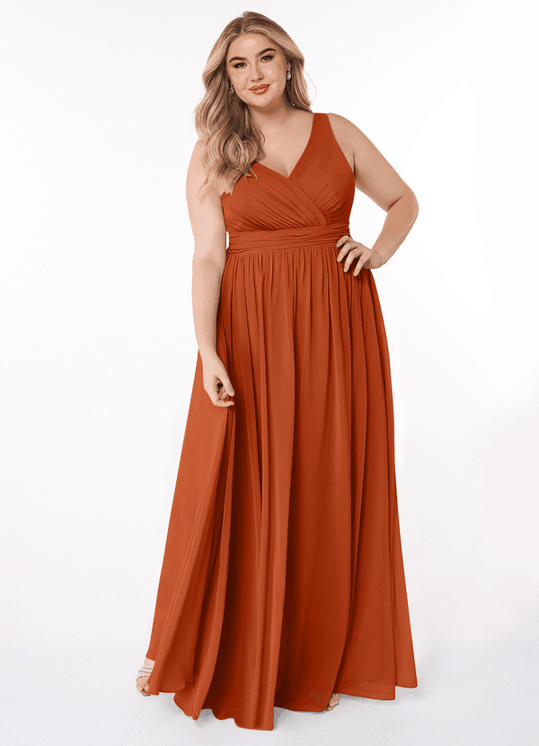Azazie Kora Bridesmaid Dresses Burnt Orange A-Line Pleated Chiffon Dress image1