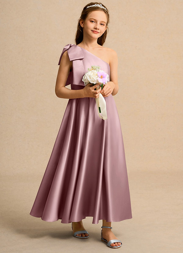 Azazie Guppy Girl Blumenkinder Kleider A-Linie One-Shoulder Matte Satin Kleid Altrosa image1