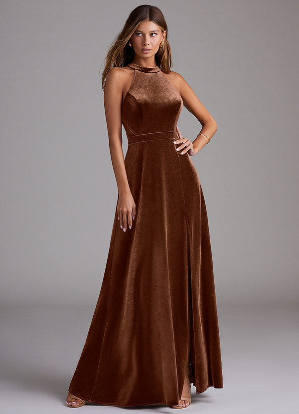 Azazie Clarice Bruidsmeisjes Jurken Jurk van flueel met A-Lijn Zijsplit Omber image1