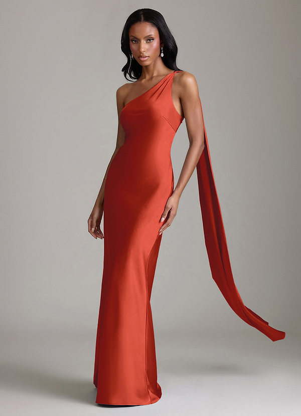 Azazie Galinda Suknie dla druhen Syrena Jedno ramię Satyna elastyczna Do ziemi Sukienka image1