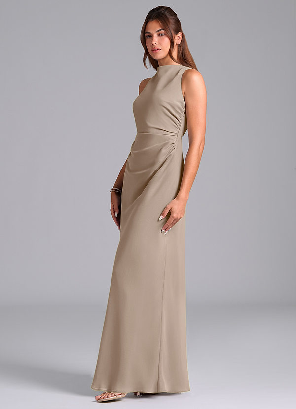 Azazie Evadne Bridesmaid Dresses Taupe Sheath Pleated Chiffon Dress image1