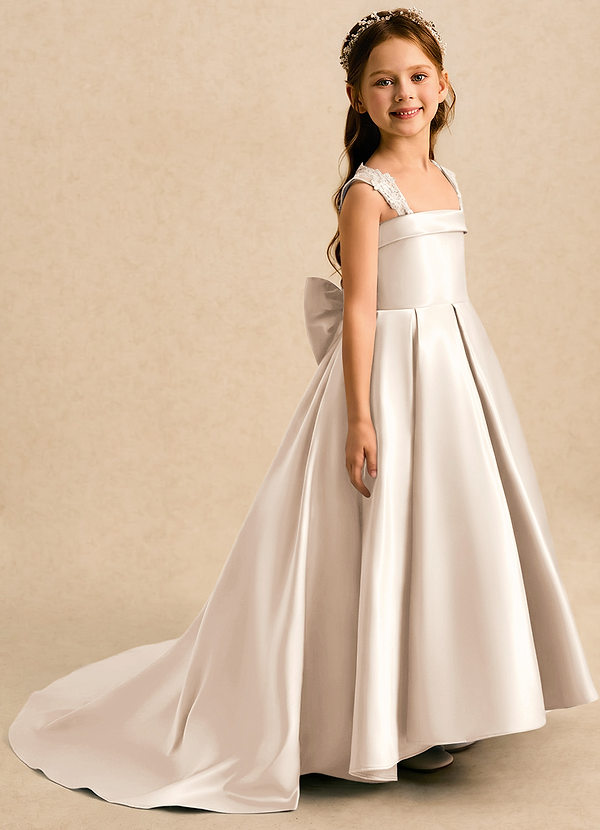 Azazie Genie Flower Girl Dresses White Alabaster Ball-Gown Off the Shoulder Matte Satin Dress image1