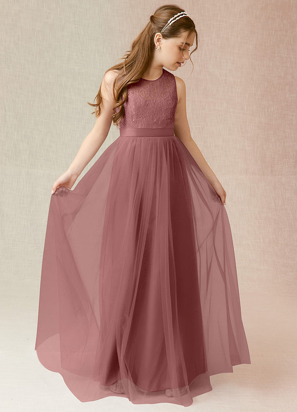 Azazie Georgette Junior Desert Rose A-Line Lace Tulle Dress image1