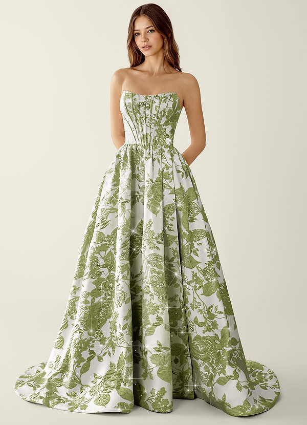 Allegra Verde Vestido de fiesta de corte A con estampado jacquard floral image1