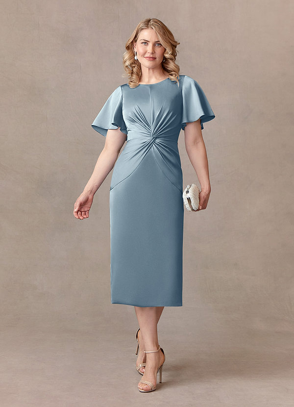 Azazie Everlyn Mother of the Brides Dresses Dusty Blue Sheath Pleated Stretch Satin Dress image1