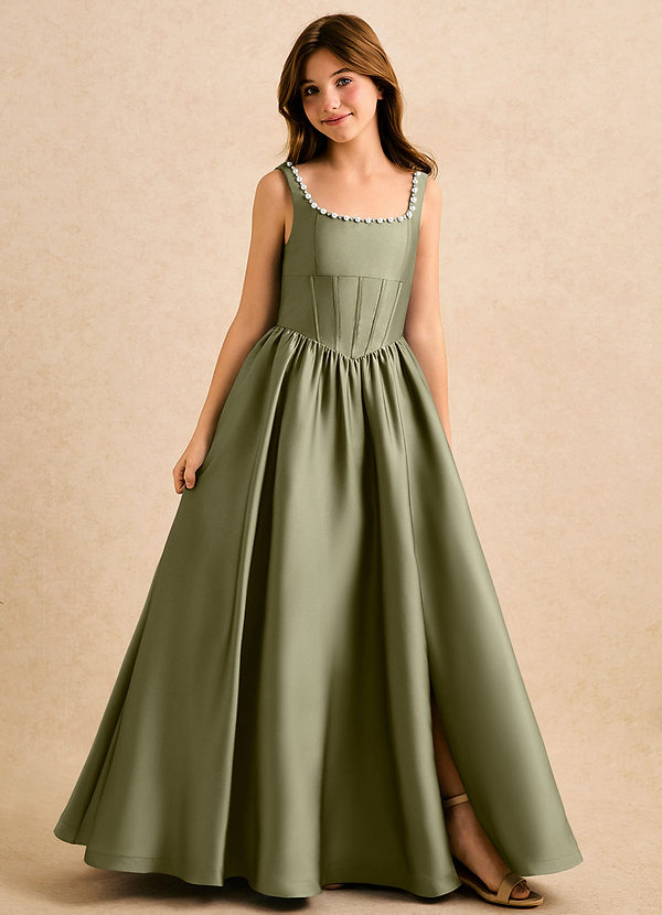 Azazie Enid Girls Formal Sukienki dla dziewczynek sypiących kwiaty Linia A Zroszony Satyna elastyczna Długość podłogi Sukienka image1