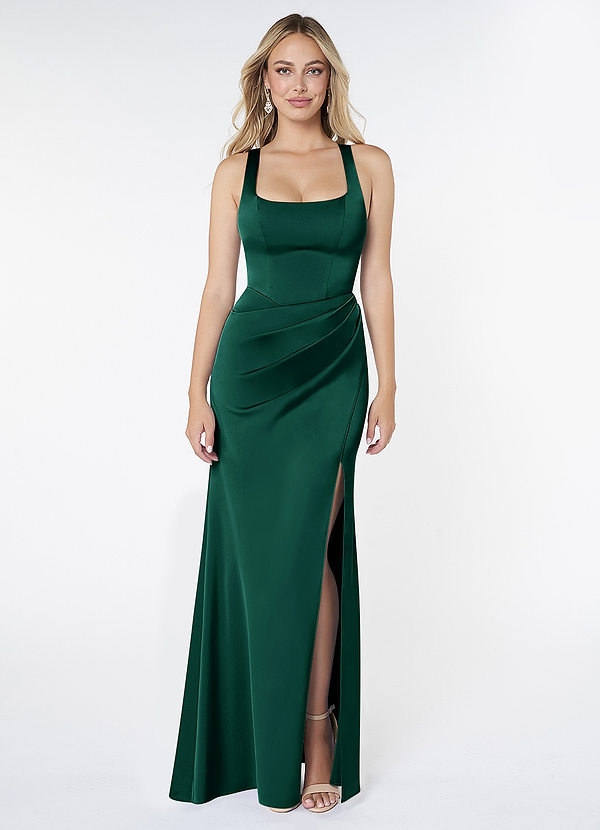 Azazie Mero Bridesmaid Dresses Emerald Sheath Pleated Stretch Satin Dress image1