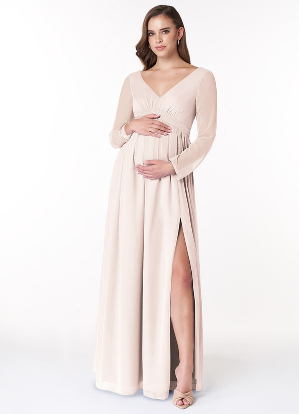 Azazie Teton Maternity Bridesmaid Dresses A-Line Long Sleeve Chiffon Floor-Length Dress image1