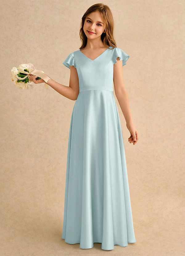 Azazie Nari Girls Formal Blomsterpigekjoler A-Line med ærmer Stræk satin Gulv-længde Kjole image1