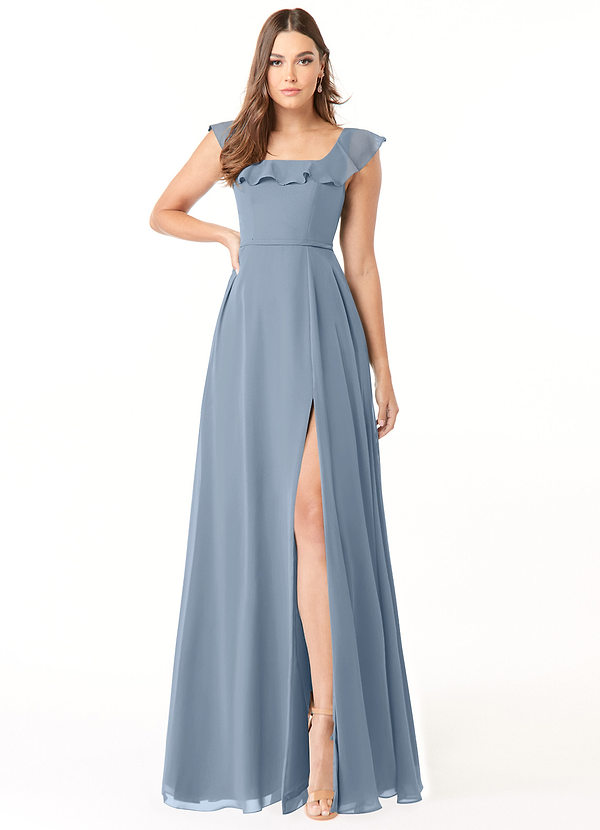 Azazie Jinny Bridesmaid Dresses Dusty Blue A-Line Square Neckline Ruched Chiffon Dress image1