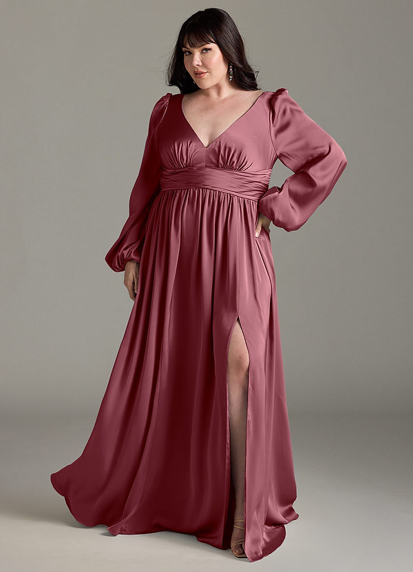 Azazie Norah Robes Demoiselle d'honneur Robe Trapèze en Satin extensible Rose Du Désert image1