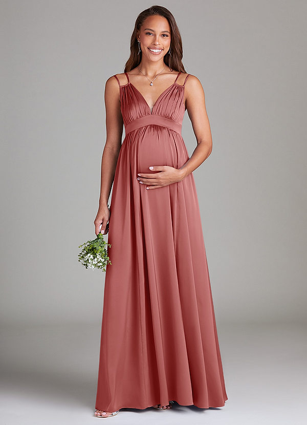 Azazie Emree Maternity Bridesmaid Dresses A-Line Stretch Satin Floor-Length Dress with Pockets image1
