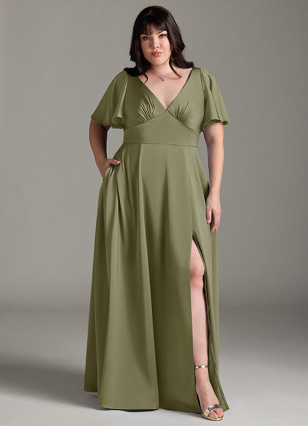 Azazie Kimber Brudtärneklänningar Klänning av A-Line i Stretch Satin Ruched Pistasch image1