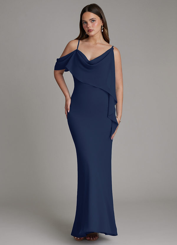 Azazie Yura Bridesmaid Dresses Dark Navy Mermaid Off the Shoulder Chiffon Dress image1