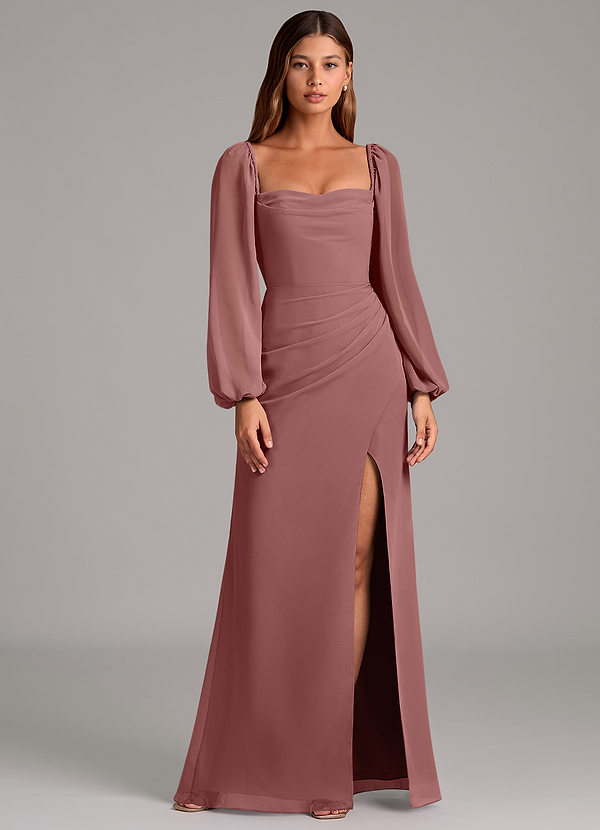 Azazie Brixley 신부 들러리 드레스 인어 긴팔 쉬폰 바닥 길이 드레스 image1