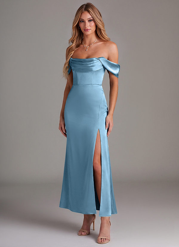 Azazie Saige 신부 들러리 드레스 인어 오프 더 숄더 스트레치 새틴 발목 길이 드레스 image1