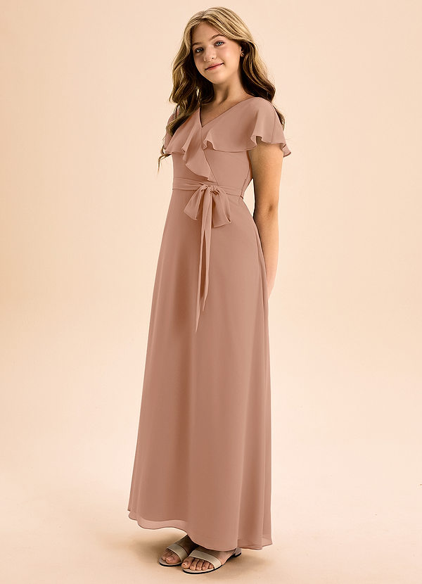 Azazie Lainey Junior Abito A-Line in Chiffon Con Tasche Champagne Rosa image1