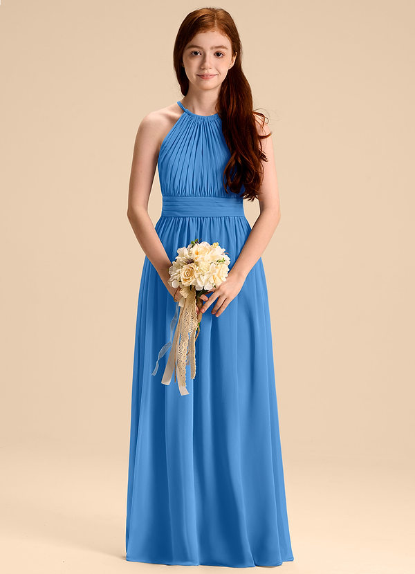 Azazie Malone Junior Robe Trapèze en Mousseline de soie Plissée Geai Bleu image1