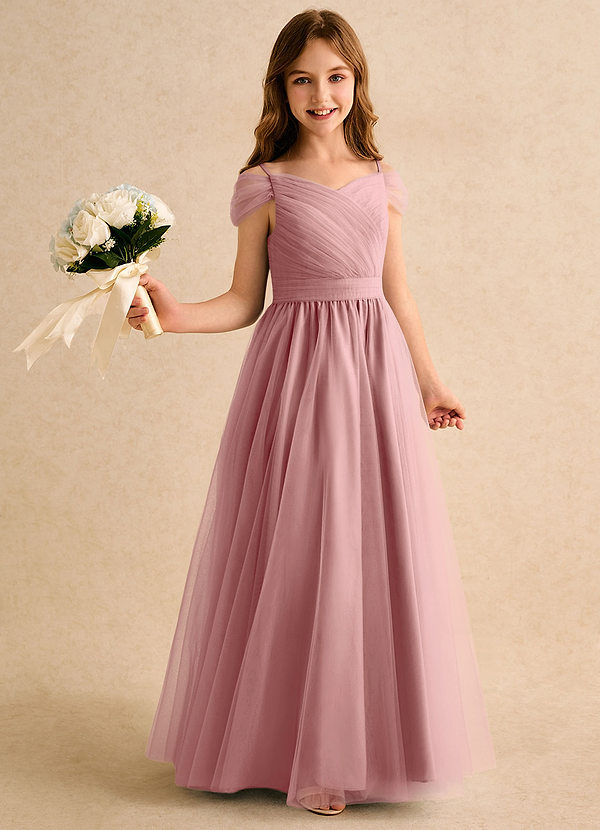 Azazie Yuna Girls Formal Abiti da Damigella Bambina Abito A-Line in Tulle Spalle Scoperte Rosa Polverosa image1