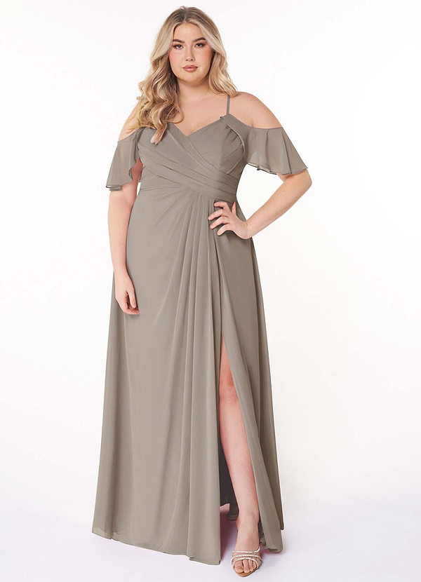 Azazie Dakota Bridesmaid Dresses Taupe A-Line V-Neck Pleated Chiffon Dress image1