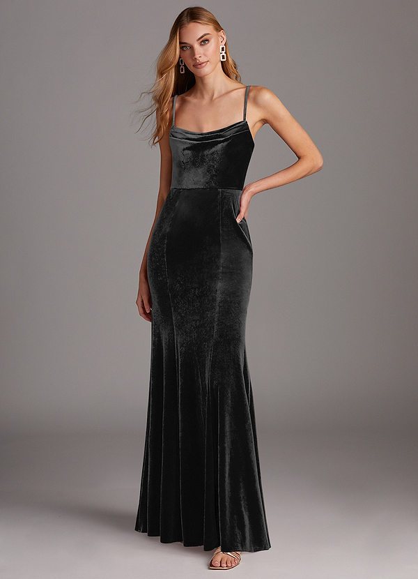Azazie Solange Vestidos Dama de Honor Vestido de Negro de terciopelo de Corte Recto con Plisado image1