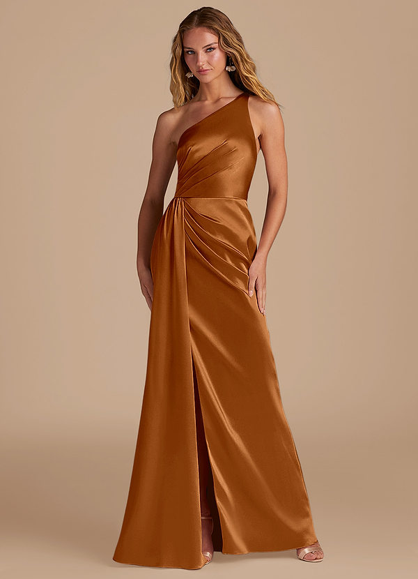 Azazie Mika Bridesmaid Dresses Copper Sheath One Shoulder Metallic Satin Dress image1