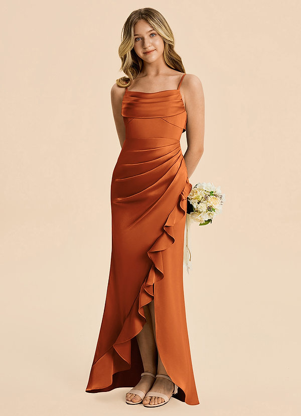 Azazie Mia Junior Cinnamon Mermaid Pleated Stretch Satin Dress image1