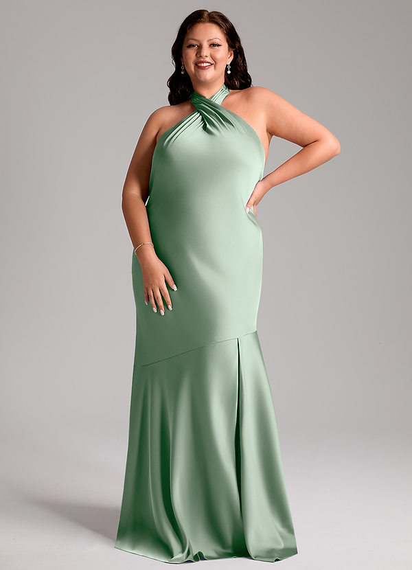 Azazie Lorena Robes Demoiselle d'honneur Robe Sirène en Satin extensible Plissée Agave image1